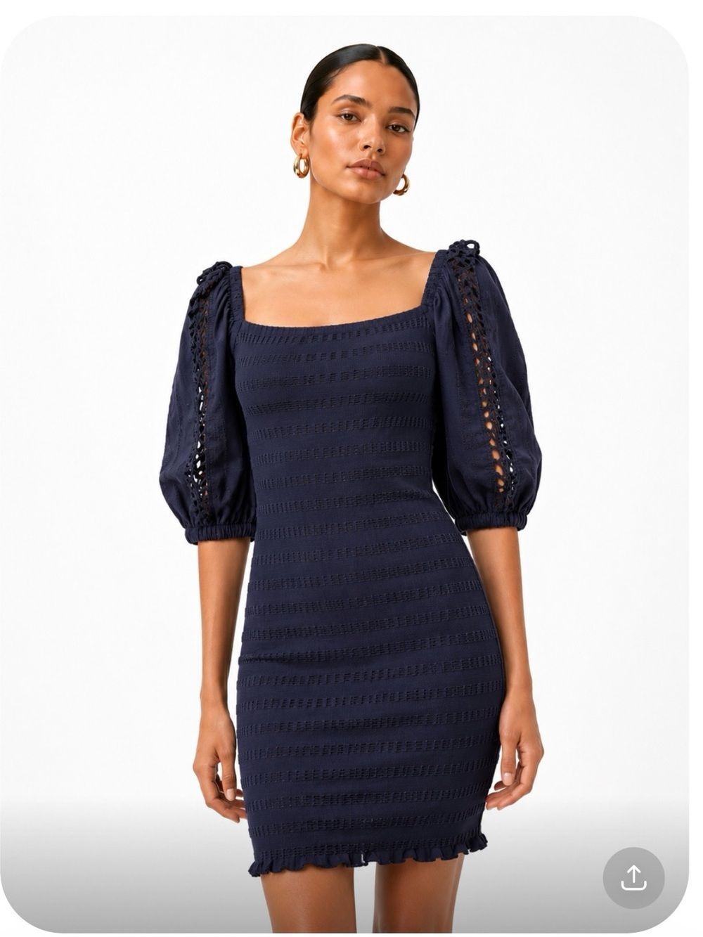 BETSEY JOHNSON Cotton Square Neck Navy Puff Sleeve Knit Dress Size S